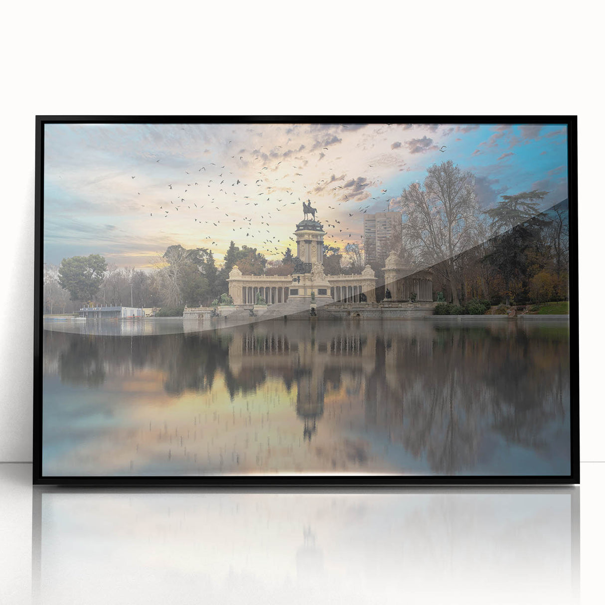 Large abstract wall art depicting Madrid's cityscape in muted gray and blue tones on a framed acrylic print.
