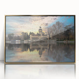 Large art print of Madrid cityscape in gold frame, featuring mid-century modernist style with soft earth tones.