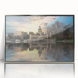 Mid-century modernist art of Madrid skyline in muted gray and blue tones on silver-framed acrylic.