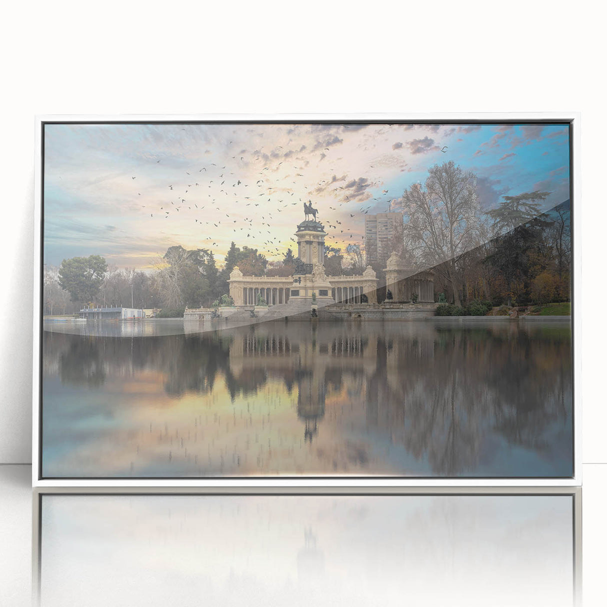 Art deco poster of Madrid skyline in muted gray and blue tones on framed acrylic, ideal for modern bedroom ambiance.