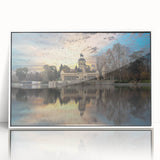 Art deco poster of Madrid skyline in muted gray and blue tones on framed acrylic, ideal for modern bedroom ambiance.