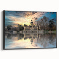 Black and white wall art featuring a vintage poster of the Madrid landscape on framed canvas, suitable for bedroom decor.