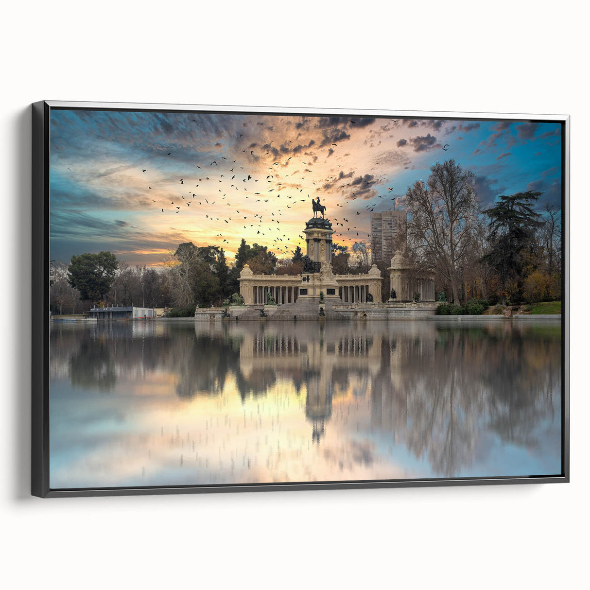 Black and white wall art featuring a vintage poster of the Madrid landscape on framed canvas, suitable for bedroom decor.