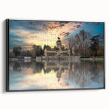 Black and white wall art featuring a vintage poster of the Madrid landscape on framed canvas, suitable for bedroom decor.