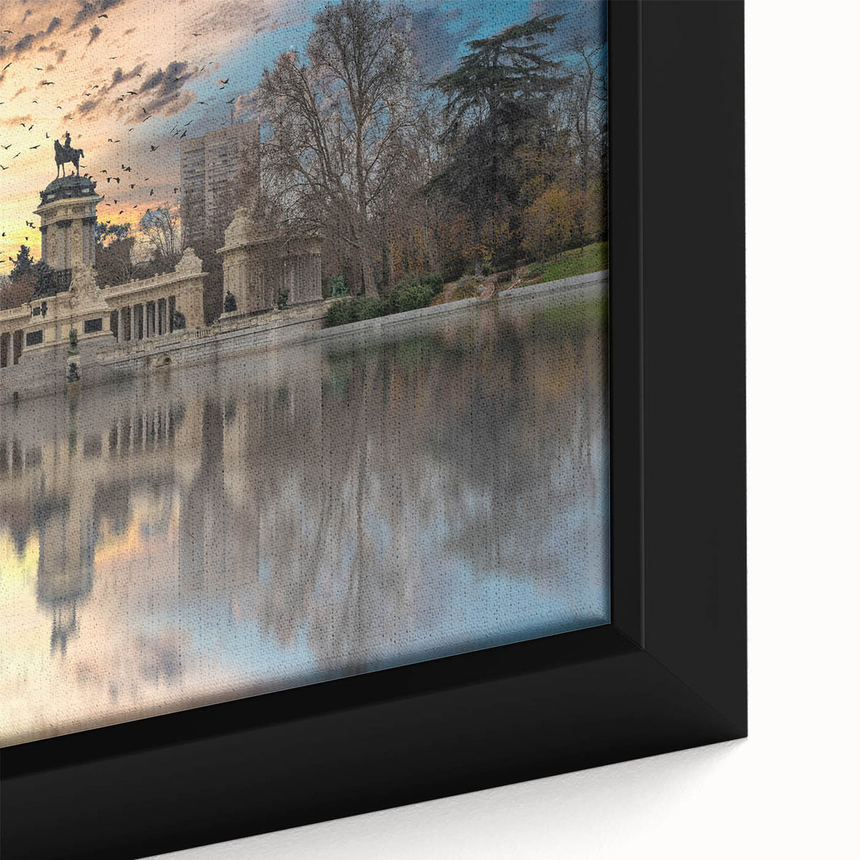 Black wall art depicting the Madrid skyline in vibrant colors on a textured, framed canvas, ideal for living room decor.