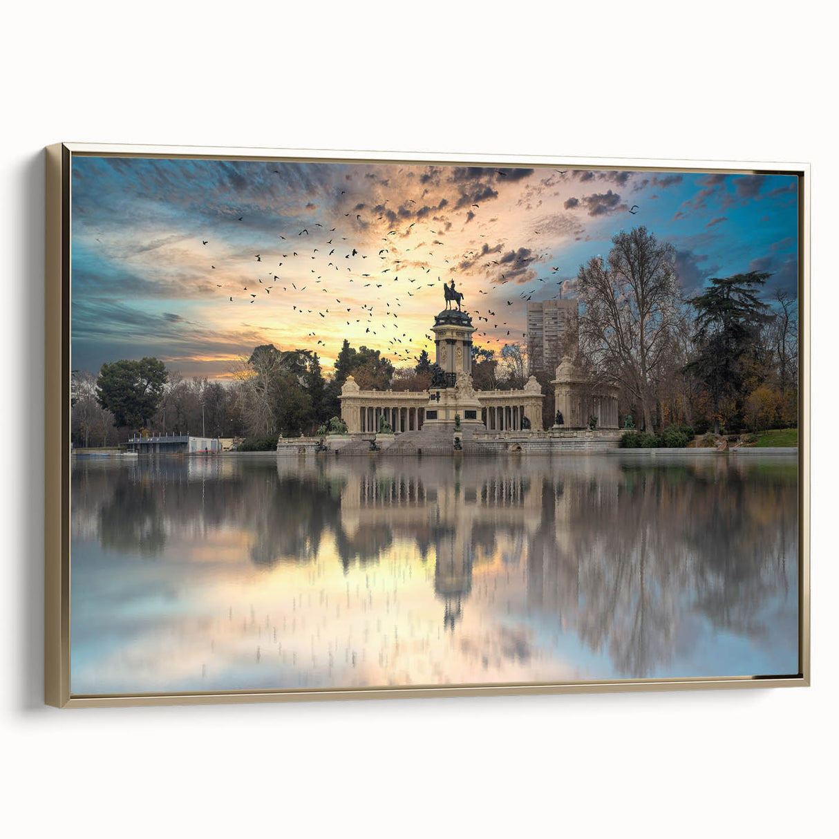 Framed canvas featuring a vintage-style landscape painting of Madrid in muted gold and black tones, ideal for bedroom decor.