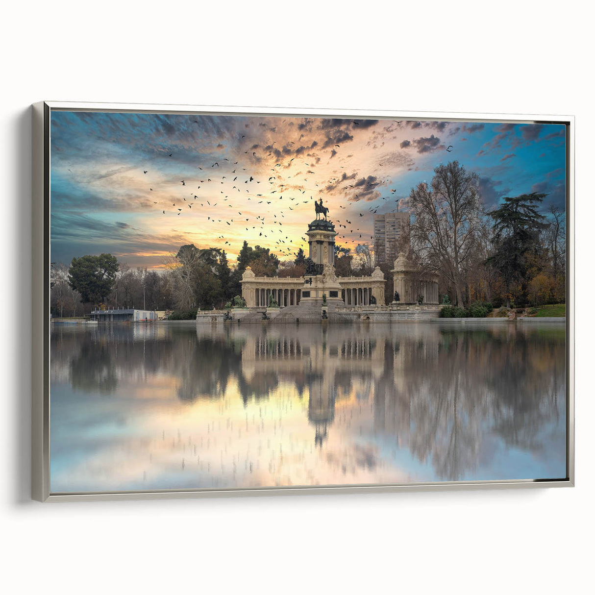 Framed canvas depicting a colorful vintage-style Madrid landscape, ideal for enhancing living room decor.