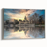 Framed canvas depicting a colorful vintage-style Madrid landscape, ideal for enhancing living room decor.