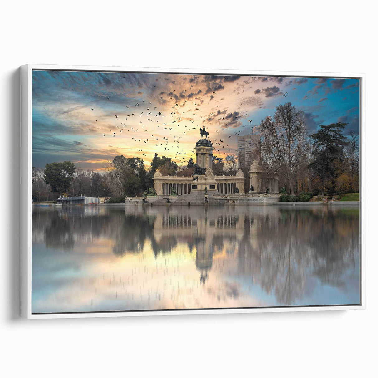 Vintage poster art of Madrid scenery in vibrant colors on a large framed canvas, suitable for living room decor.