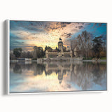 Vintage poster art of Madrid scenery in vibrant colors on a large framed canvas, suitable for living room decor.