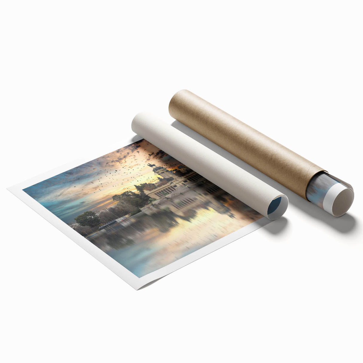 Extra large rolled print of Madrid scenery with floral elements in soft colors, suitable as classy bathroom wall art.