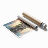 Extra large rolled print of Madrid scenery with floral elements in soft colors, suitable as classy bathroom wall art.