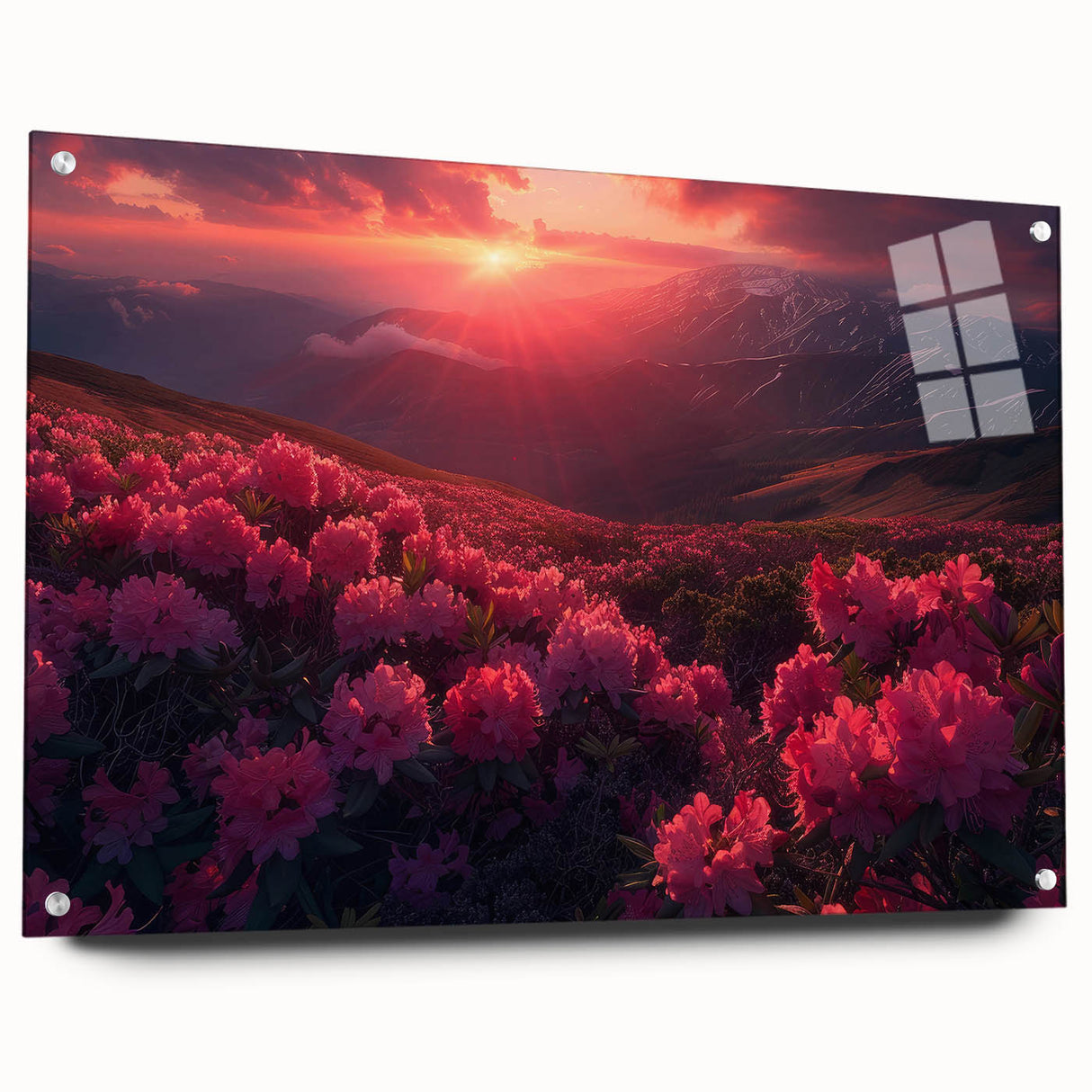 Large abstract wall art on acrylic glass depicting vibrant European scenery, ideal for bedroom or dining room decor.