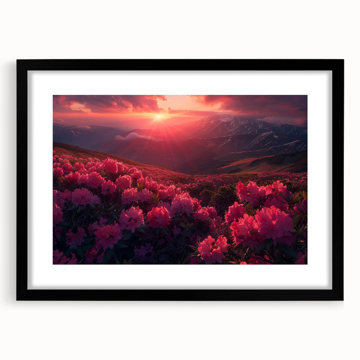 Extra large abstract art print of colorful, textured scenery in Europe, framed in black, suitable for living room decor.