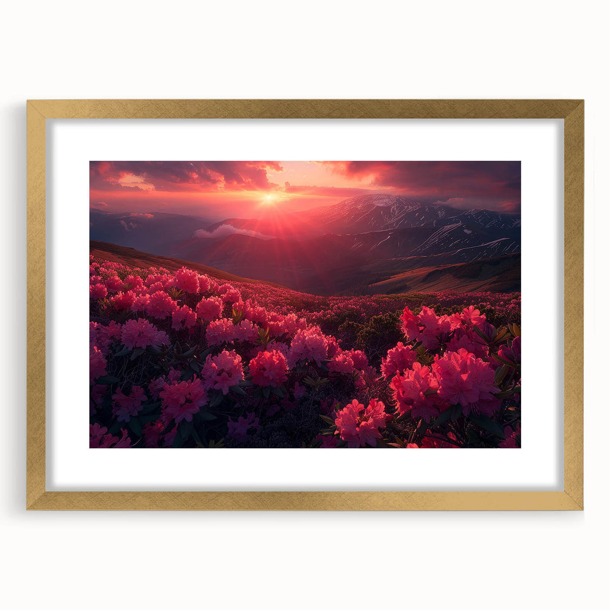 Extra large abstract art print featuring a textured scenery of Europe, in muted earth tones, framed with a gold mat.