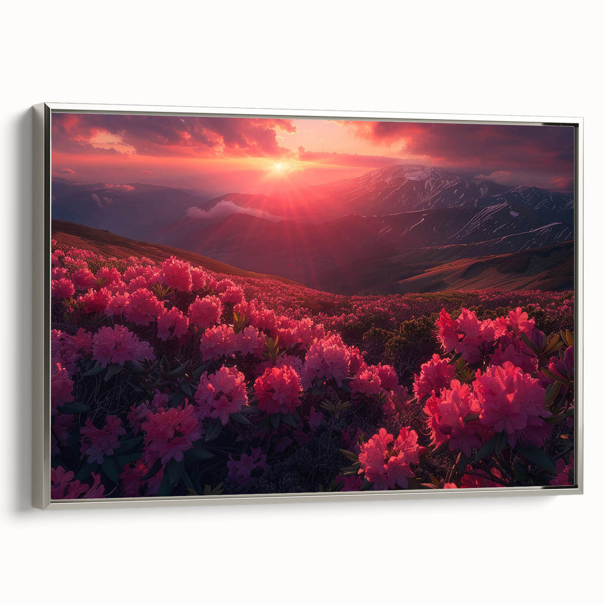 Landscape art painting of a scenic European countryside on framed canvas, featuring a palette of vibrant greens and blues.