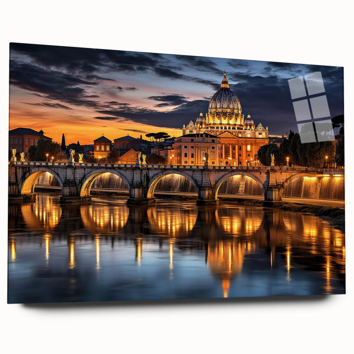 Large abstract acrylic print of a European cityscape, featuring muted earth tones, ideal for bedroom or dining room art.