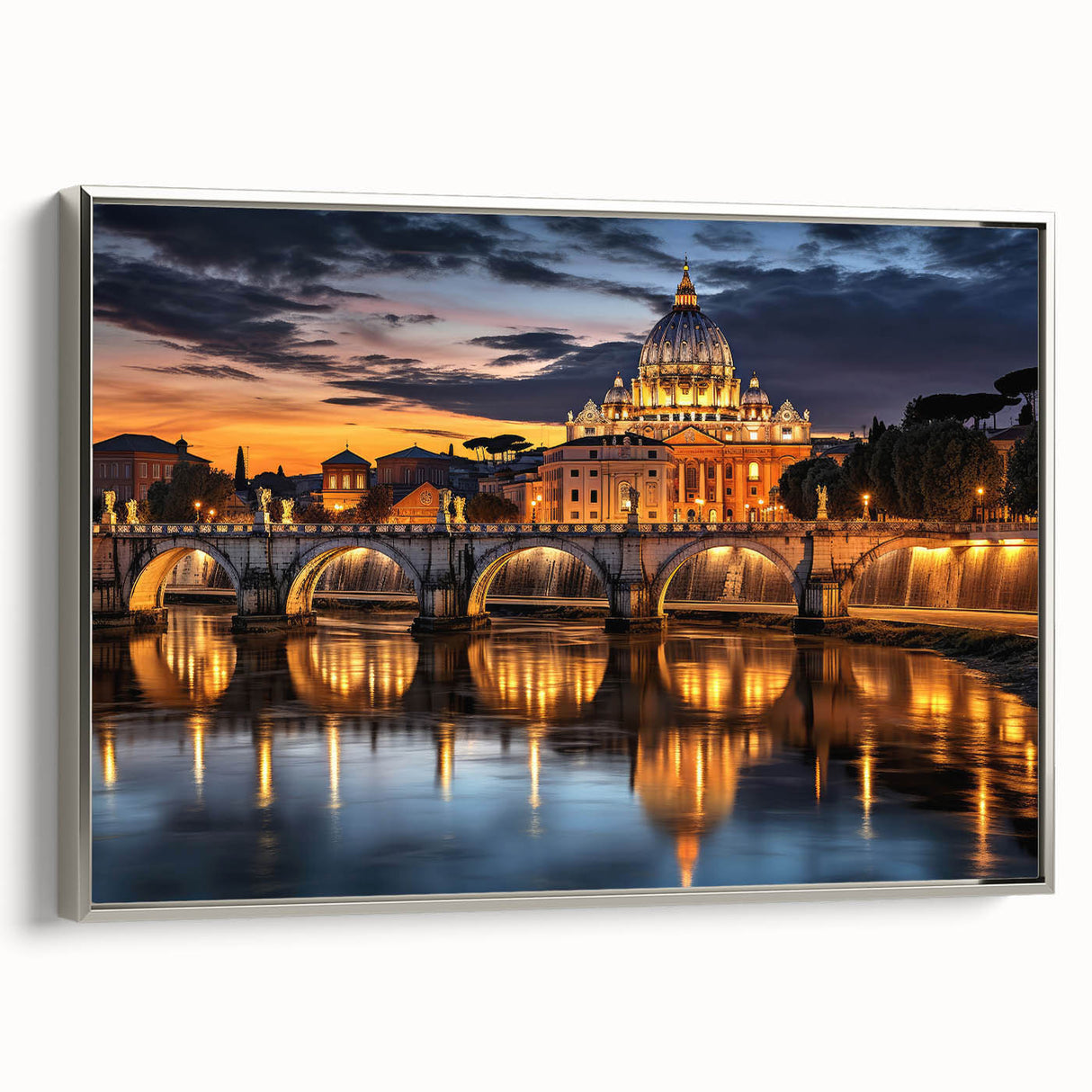 Landscape art painting of the Vatican, with colorful hues on black framed canvas, ideal for living room decor.