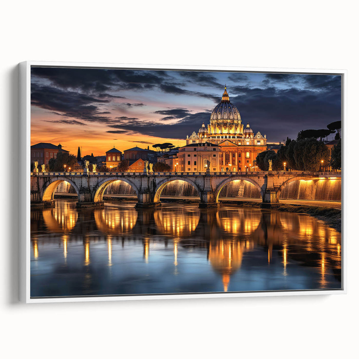 Vintage poster art of the Vatican scenery in vibrant colors on a framed canvas, ideal for living room decor.