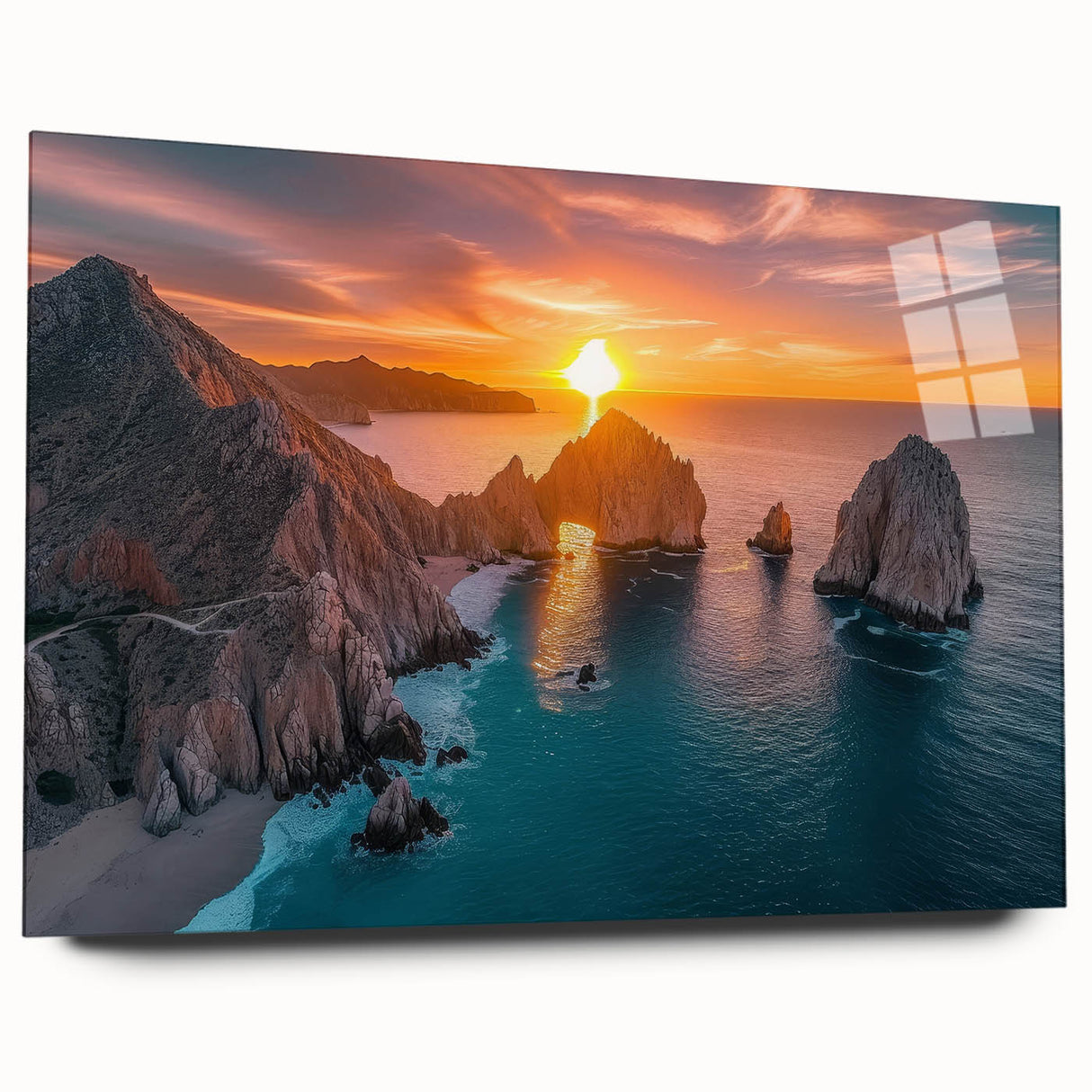 Large abstract wall art of Baja California scenery in muted earth tones on acrylic glass.