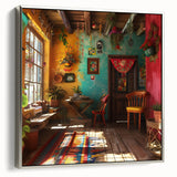 Framed canvas featuring a vintage-style landscape painting of Mexico City in vibrant, colorful hues.