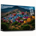 Large abstract wall art of Oaxaca scenery in vibrant colors on acrylic glass, suitable for bedroom or dining room decor.
