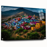 Large abstract wall art of Oaxaca scenery in vibrant colors on acrylic glass, suitable for bedroom or dining room decor.