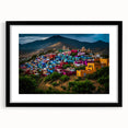 Extra large abstract art print of a colorful Oaxaca scenery, textured on a black framed canvas, ideal for living room decor.