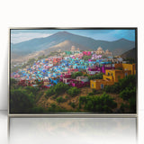 Mid-century modernist art depicting Oaxaca scenery in silver-framed acrylic, with muted earth tones.