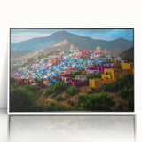 Acrylic print of Oaxaca, Mexico scenery in art deco style with vibrant colors, framed in white.