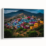 Vintage poster art of Oaxaca, Mexico scenery in vibrant colors on a large framed canvas, suitable for living room decor.