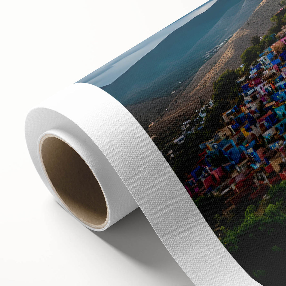 Art deco poster of Oaxaca scenery in muted earth tones on rolled canvas, suitable for dining room wall art.