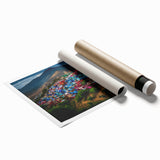 Extra large rolled print of Oaxaca scenery with vibrant floral elements, suited for classy bathroom or large living room.
