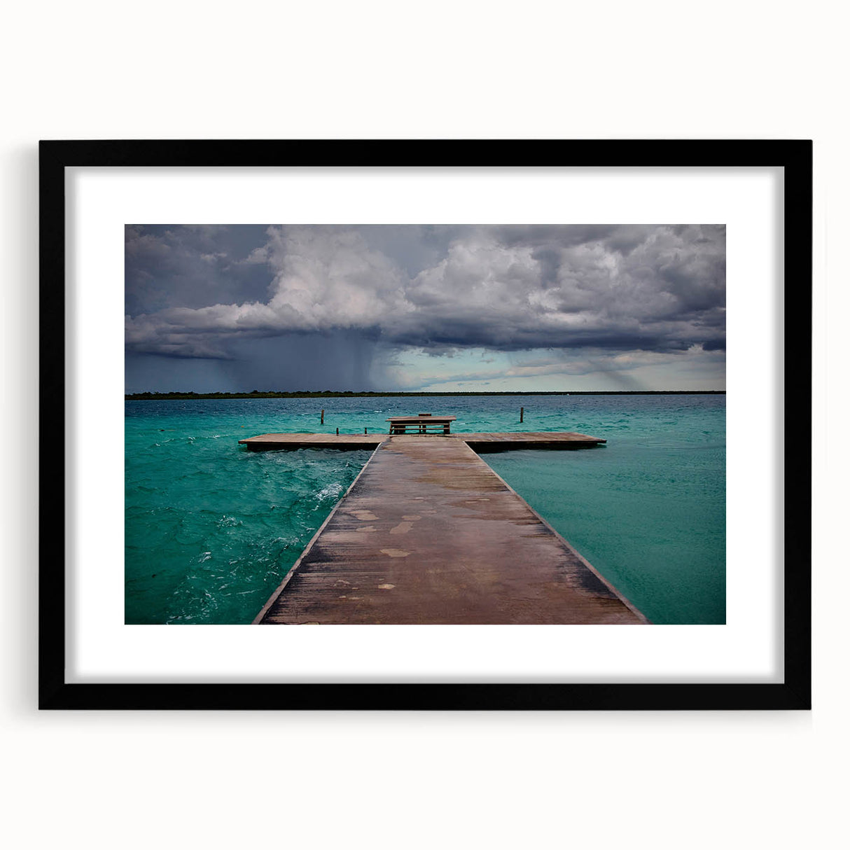 Extra large abstract art print of a colorful, textured Mexican Quintana Roo scenery on a black framed canvas.