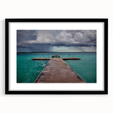 Extra large abstract art print of a colorful, textured Mexican Quintana Roo scenery on a black framed canvas.