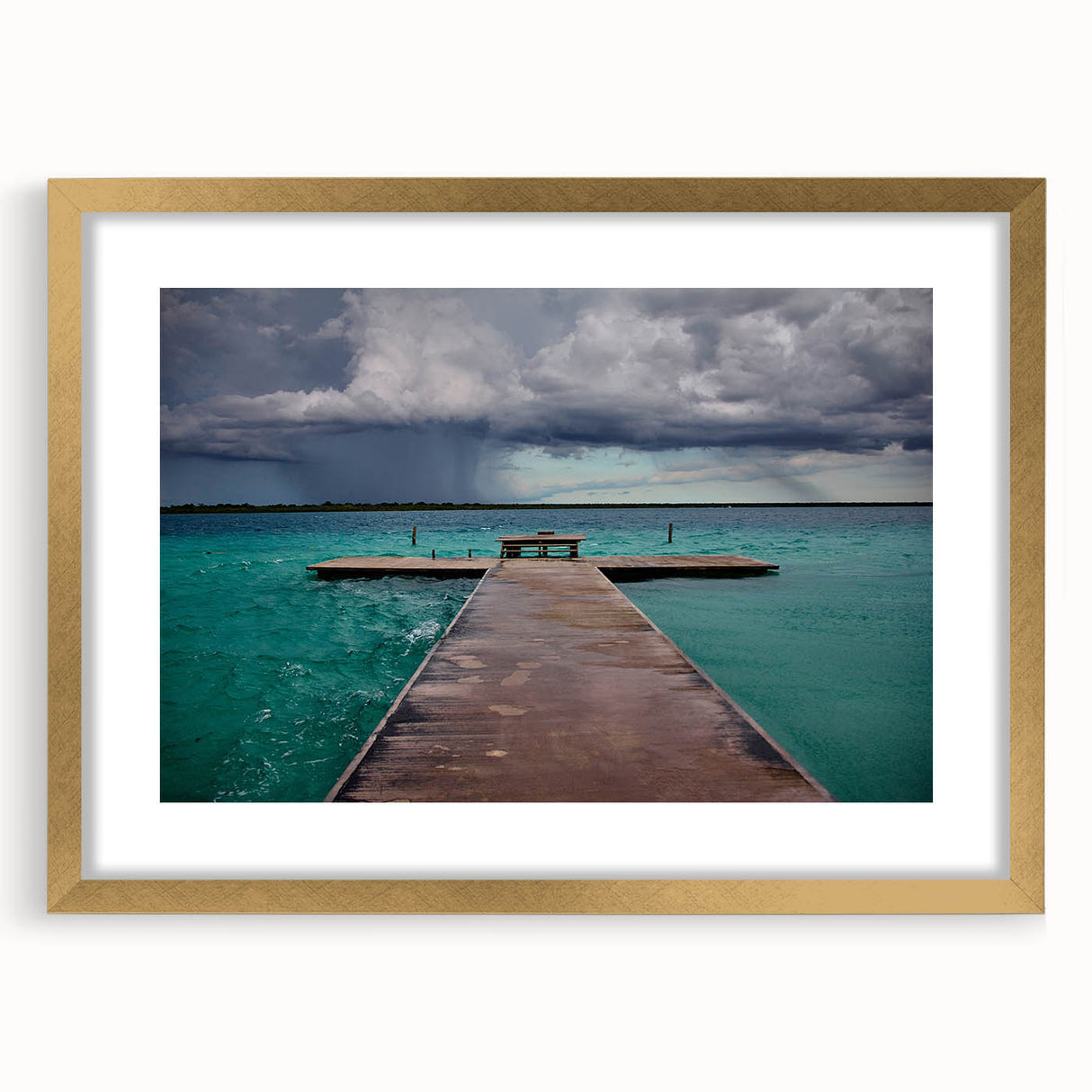 Extra large abstract art print of a textured scenery in Quintana Roo, Mexico, in a gold frame.
