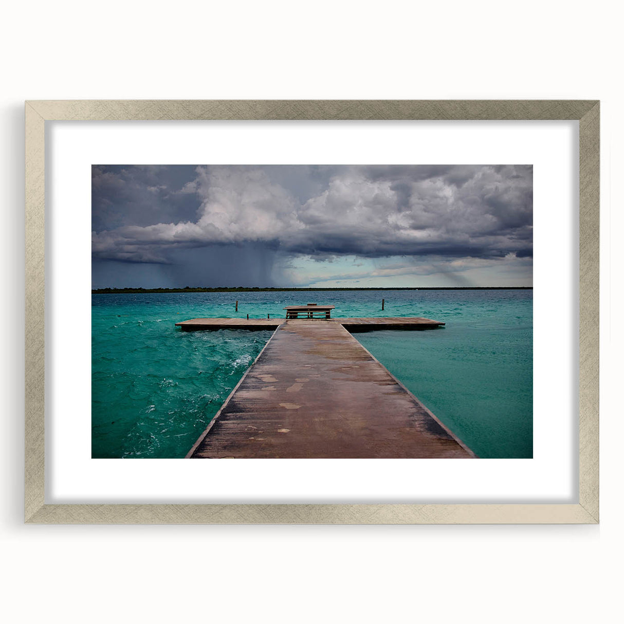 Textured art depicting abstract scenery in Quintana Roo with muted earth tones on a framed silver mat, ideal for bedroom art.