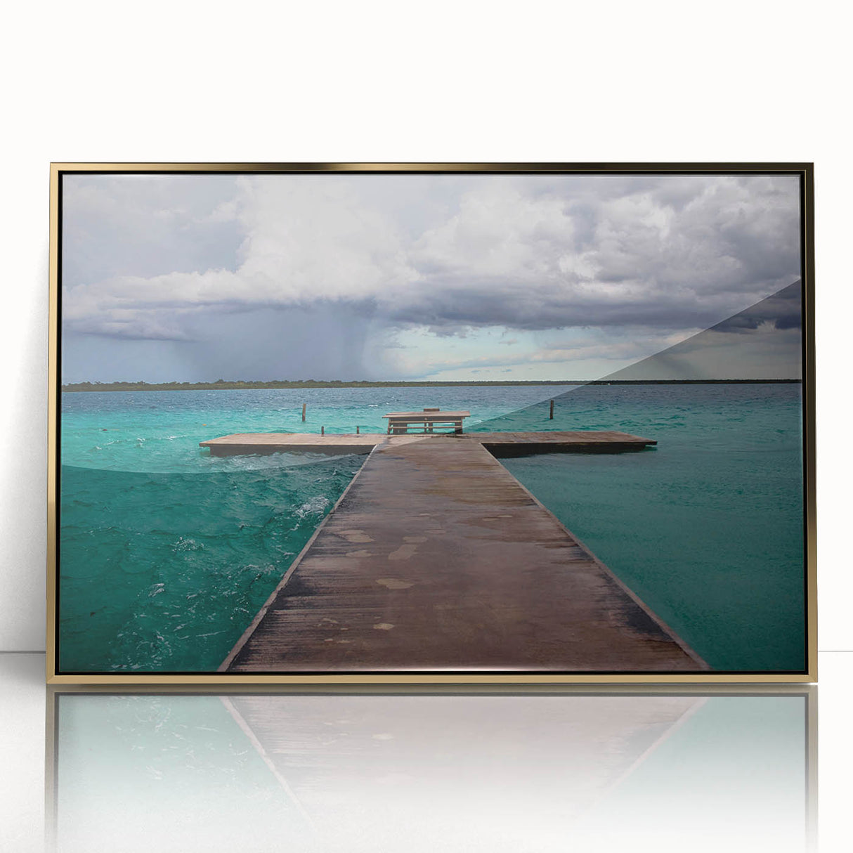 Large art print of Quintana Roo scenery in acrylic, framed in gold, showcasing mid-century modernist style.