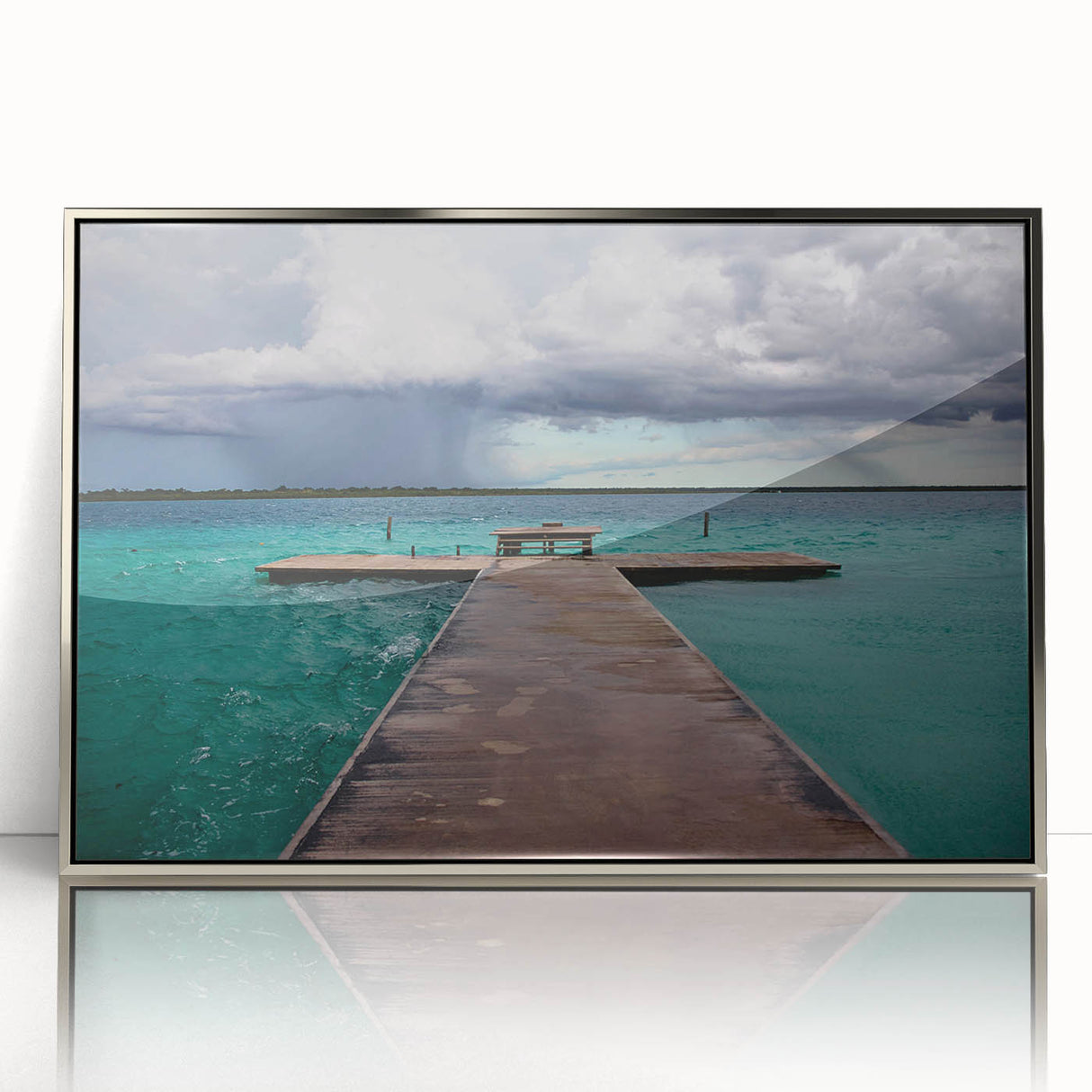 Mid-century modernist art depicting a serene Quintana Roo landscape in muted earth tones on a silver-framed acrylic print.