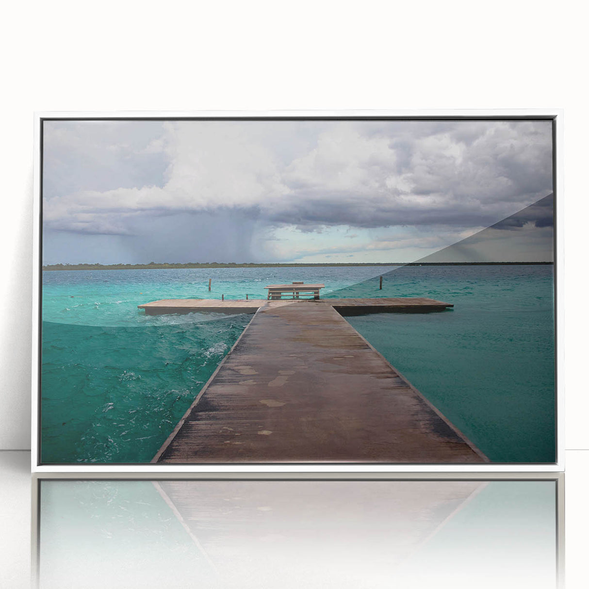 Art deco poster featuring a serene Quintana Roo landscape, in a white framed acrylic, ideal for modern nursery wall art.