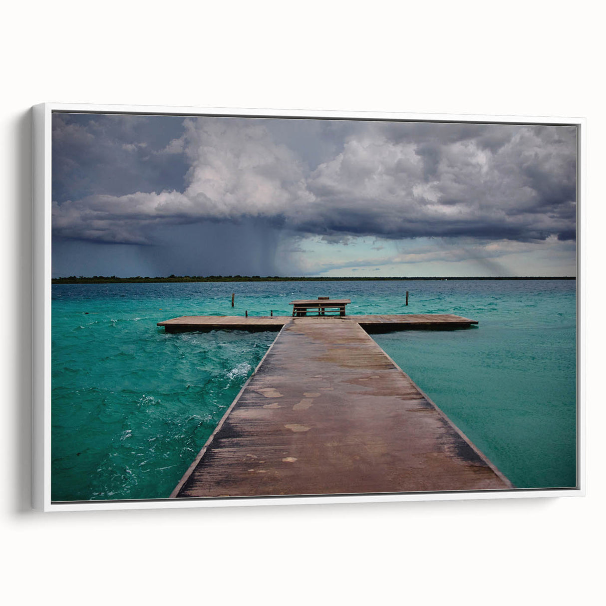 Vintage poster art of Quintana Roo scenery on a framed canvas, featuring colorful art on a black background.