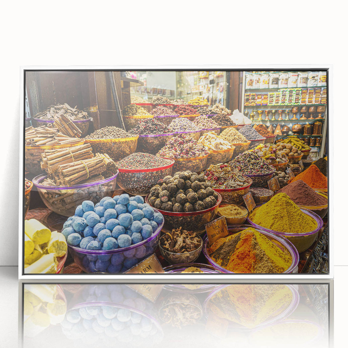 Acrylic print of Dubai skyline with soft pastel hues, framed in white, ideal for modern art wall decor.