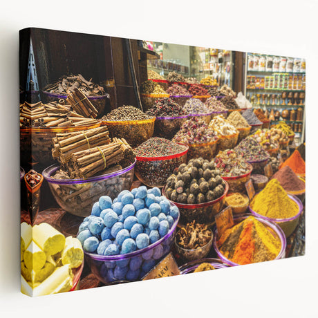 Panoramic view of Dubai skyline in muted earth tones on stretched canvas, suitable for kitchen wall art.