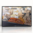 Large abstract wall art of Jerusalem skyline in muted earth tones on framed acrylic, suitable for modern living room decor.