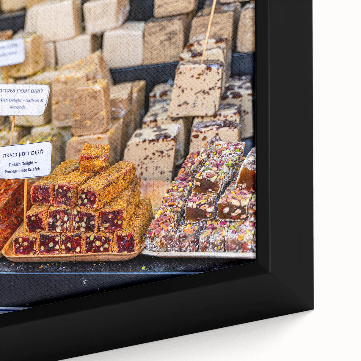 Extra large framed canvas featuring a textured depiction of Jerusalem in vibrant colors on a black background.