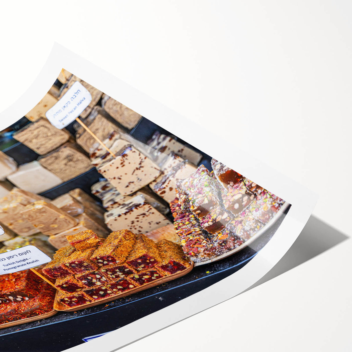 Extra large rolled print featuring line art flowers and Jerusalem scenery in muted earth tones.