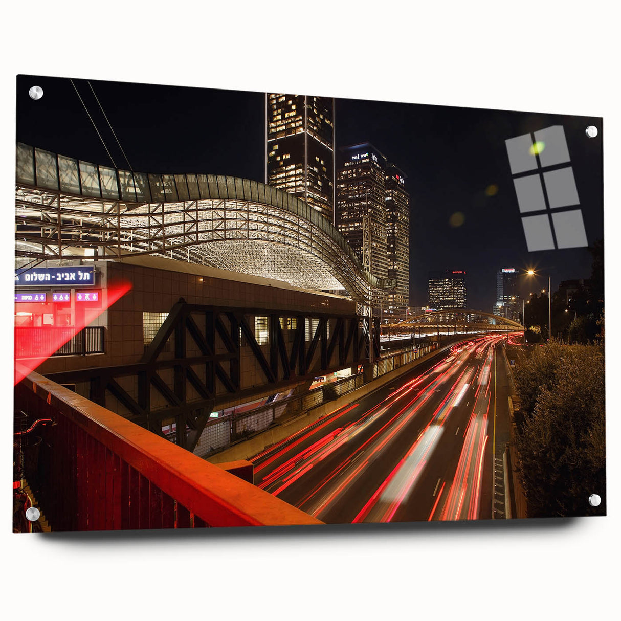 Acrylic print of Tel Aviv skyline in muted blue and gray tones, suitable for bedroom or dining room decor.