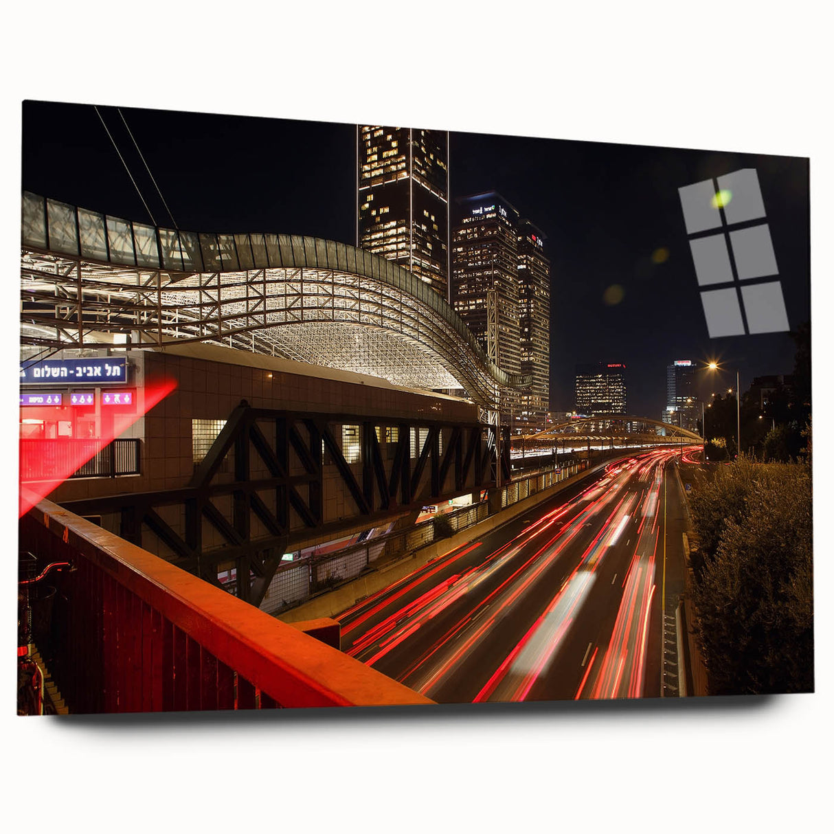 Large abstract wall art of Tel Aviv skyline in muted blue and gray tones on acrylic glass.