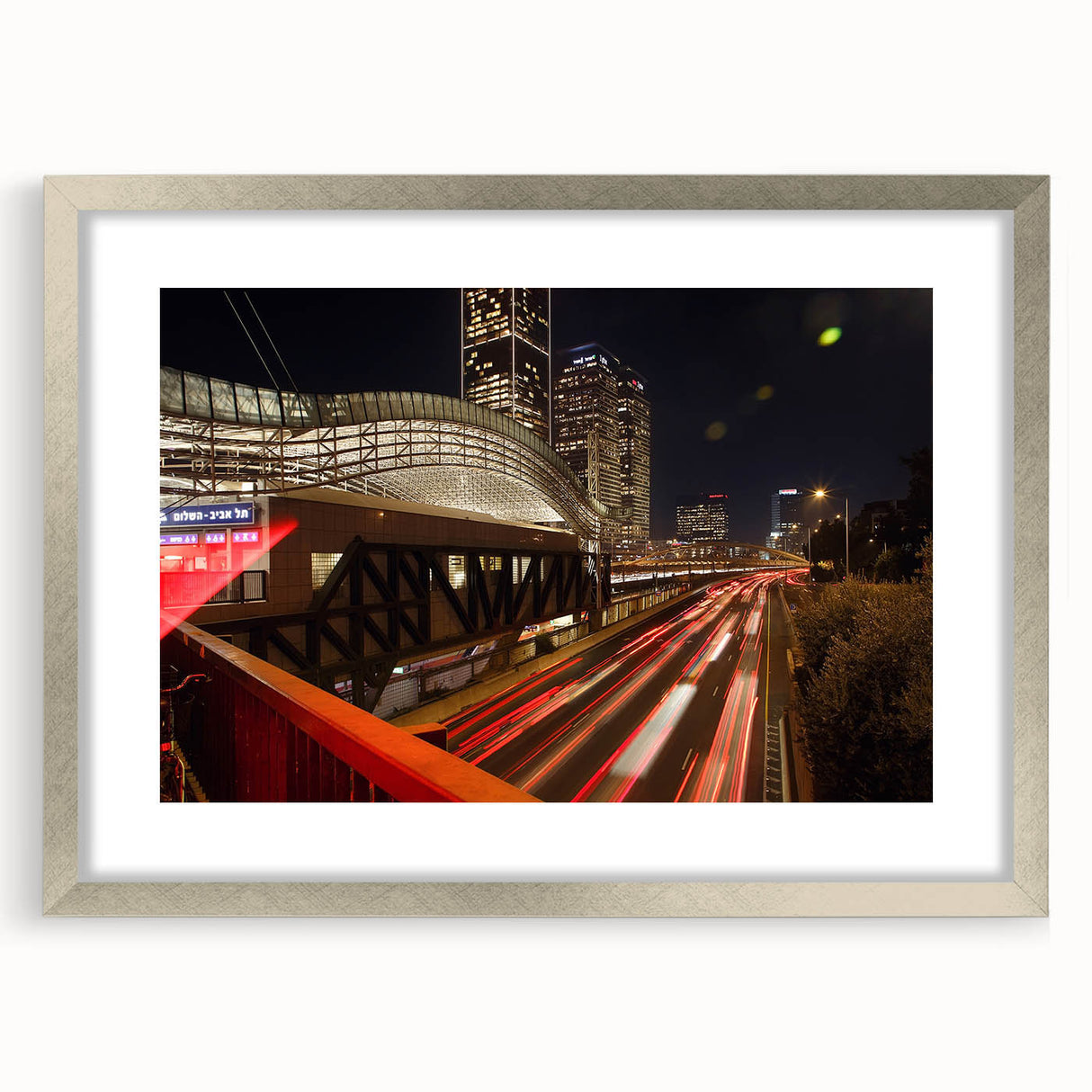 Textured abstract art print of Tel Aviv skyline in muted earth tones on a framed canvas, ideal for bedroom art.