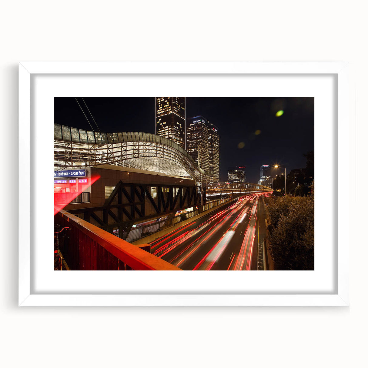 Abstract art print of Tel Aviv skyline in muted gray and blue tones on a framed poster, ideal for dining room art.